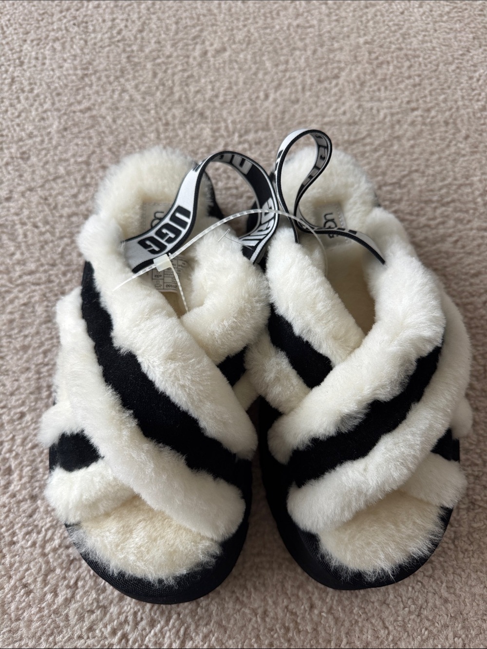 UGG Fluff Slide Sandals - Black & White Faux Fur